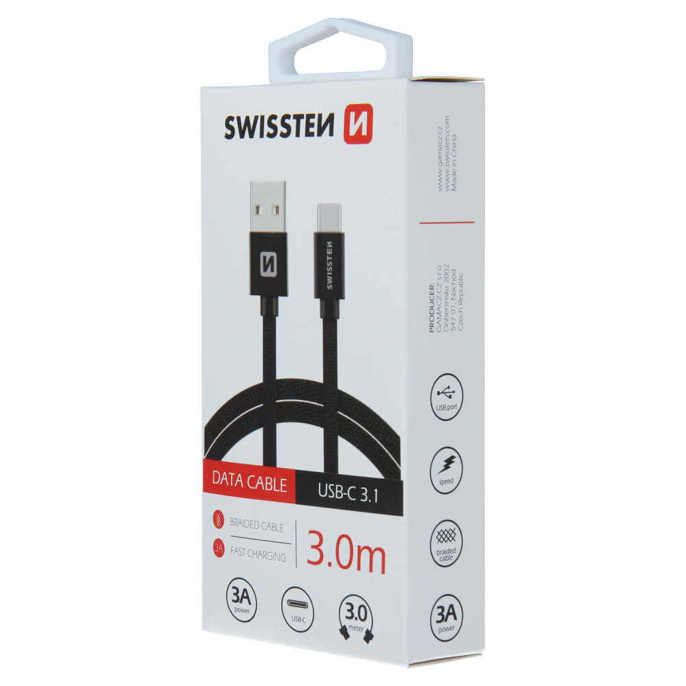 Textilný dátový kábel Swissten USB / USB-C 3,0 M - čierny